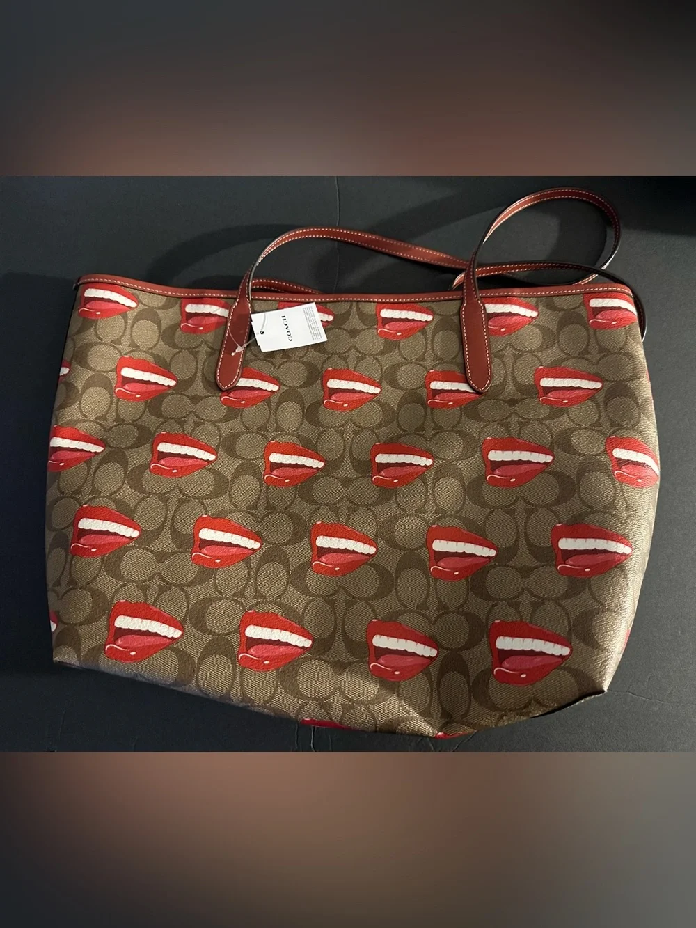 Coach X Tom Wesselmann Collab Brown Signature Tote with Red Lips Motif